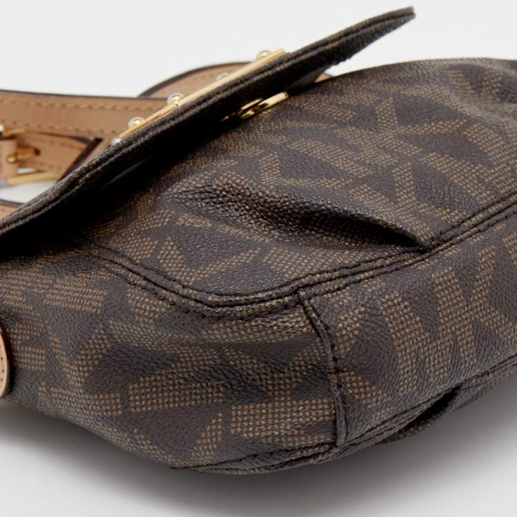 Pre Owned MICHAEL Michael Kors Brown Signature Coated Canvas And Leather Flap Crossbody Bag