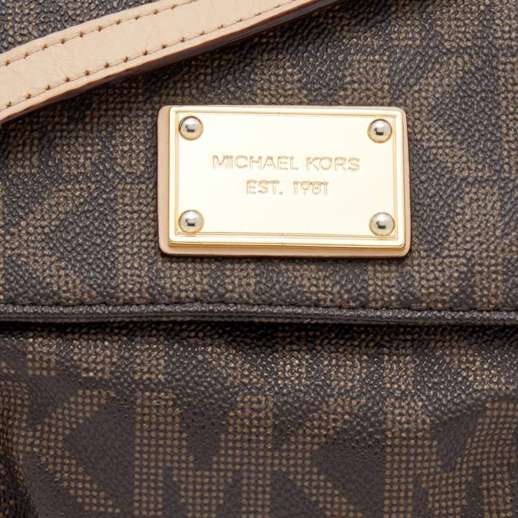 Pre Owned MICHAEL Michael Kors Brown Signature Coated Canvas And Leather Flap Crossbody Bag