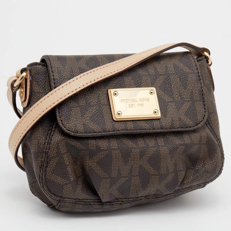 Pre Owned MICHAEL Michael Kors Brown Signature Coated Canvas And Leather Flap Crossbody Bag