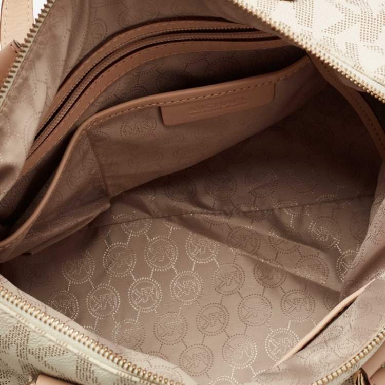 Pre Owned MICHAEL Michael Kors Beige/Ivory Signature Coated Canvas and Leather Grayson Boston Bag