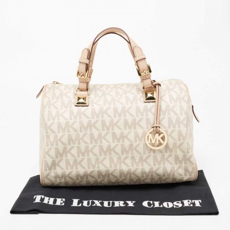 Pre Owned MICHAEL Michael Kors Beige/Ivory Signature Coated Canvas and Leather Grayson Boston Bag