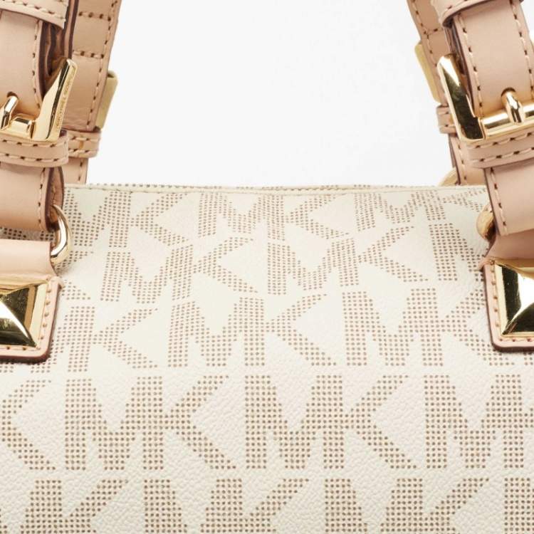 Pre Owned MICHAEL Michael Kors Beige/Ivory Signature Coated Canvas and Leather Grayson Boston Bag