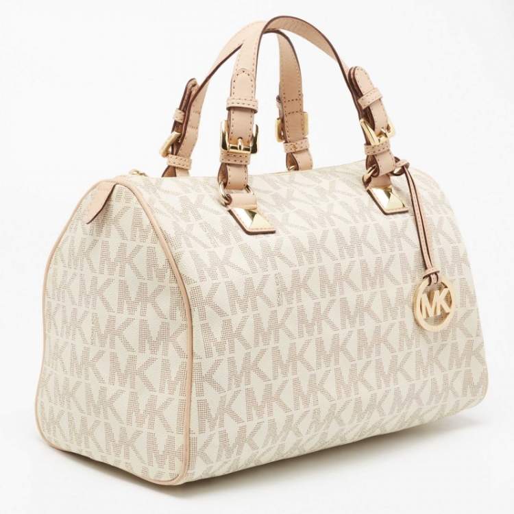 Pre Owned MICHAEL Michael Kors Beige/Ivory Signature Coated Canvas and Leather Grayson Boston Bag