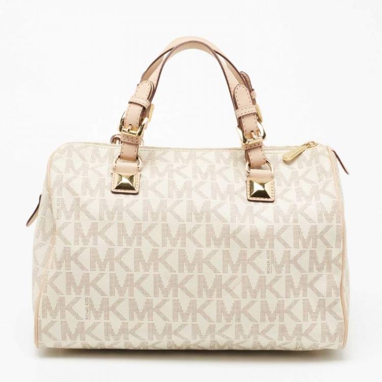 Pre Owned MICHAEL Michael Kors Beige/Ivory Signature Coated Canvas and Leather Grayson Boston Bag