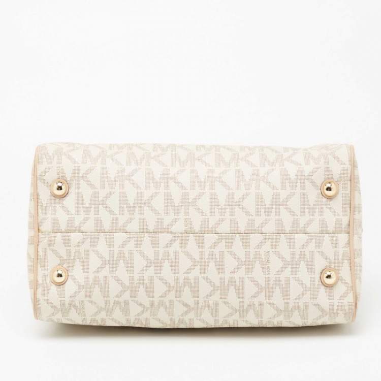 Pre Owned MICHAEL Michael Kors Beige/Ivory Signature Coated Canvas and Leather Grayson Boston Bag