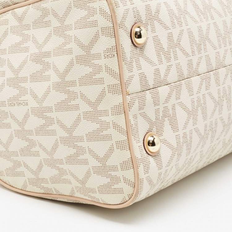 Pre Owned MICHAEL Michael Kors Beige/Ivory Signature Coated Canvas and Leather Grayson Boston Bag