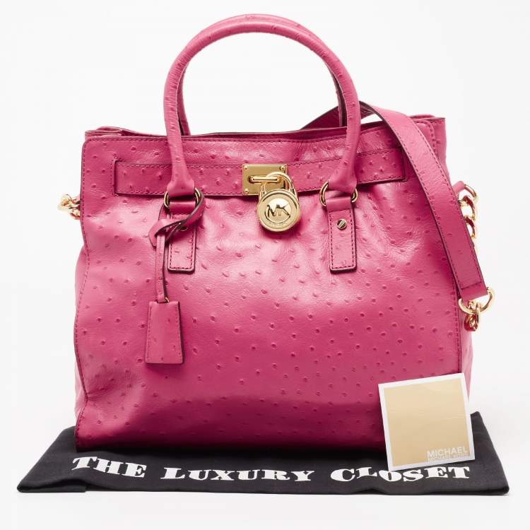Pre Owned MICHAEL Michael Kors Pink Ostrich Embossed Leather Large Hamilton North South Tote