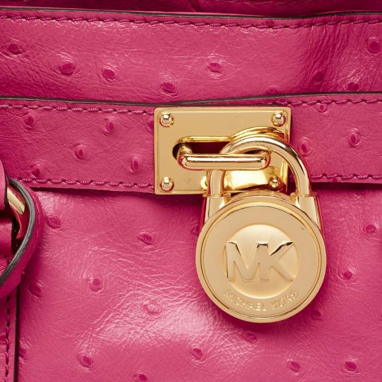 Pre Owned MICHAEL Michael Kors Pink Ostrich Embossed Leather Large Hamilton North South Tote