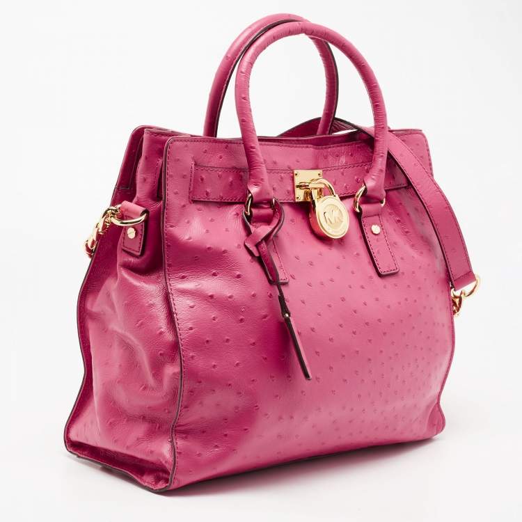 Pre Owned MICHAEL Michael Kors Pink Ostrich Embossed Leather Large Hamilton North South Tote