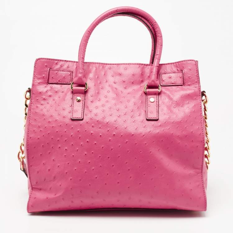 Pre Owned MICHAEL Michael Kors Pink Ostrich Embossed Leather Large Hamilton North South Tote