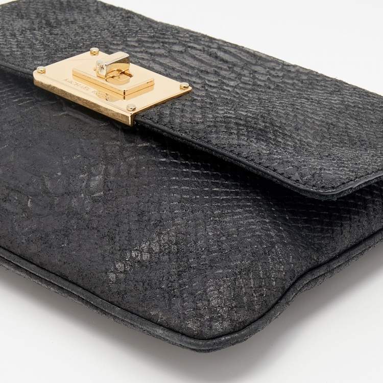 Pre Owned MICHAEL Michael Kors Black Python Embossed Leather Turnlock Shoulder Bag