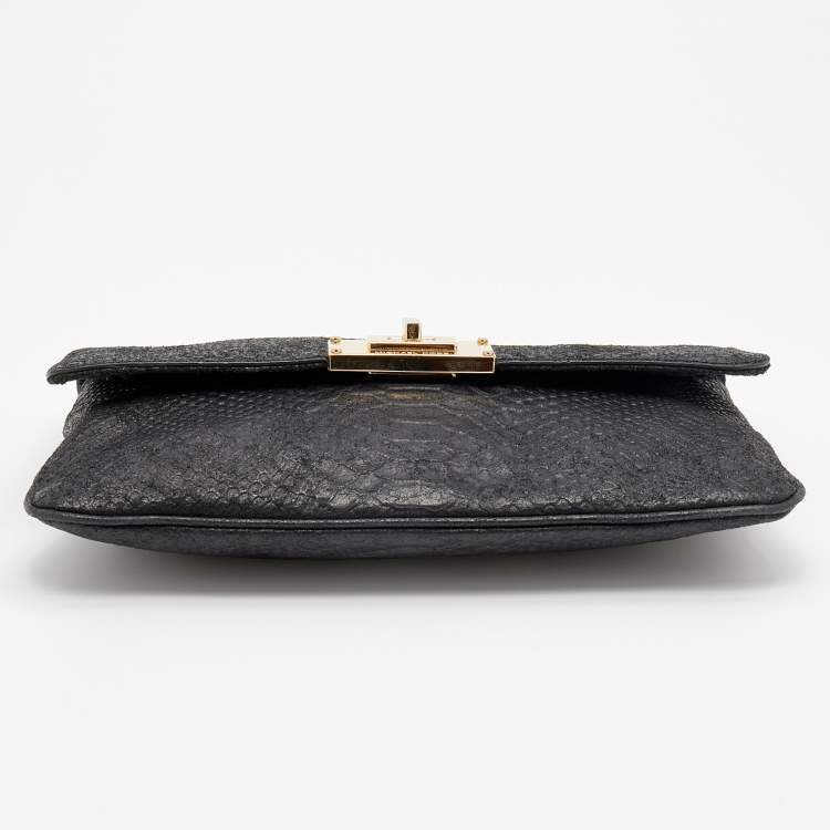 Pre Owned MICHAEL Michael Kors Black Python Embossed Leather Turnlock Shoulder Bag