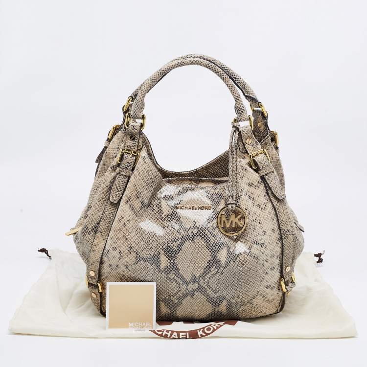 Pre Owned MICHAEL Michael Kors Beige Python Effect Leather and Suede Bedford Hobo