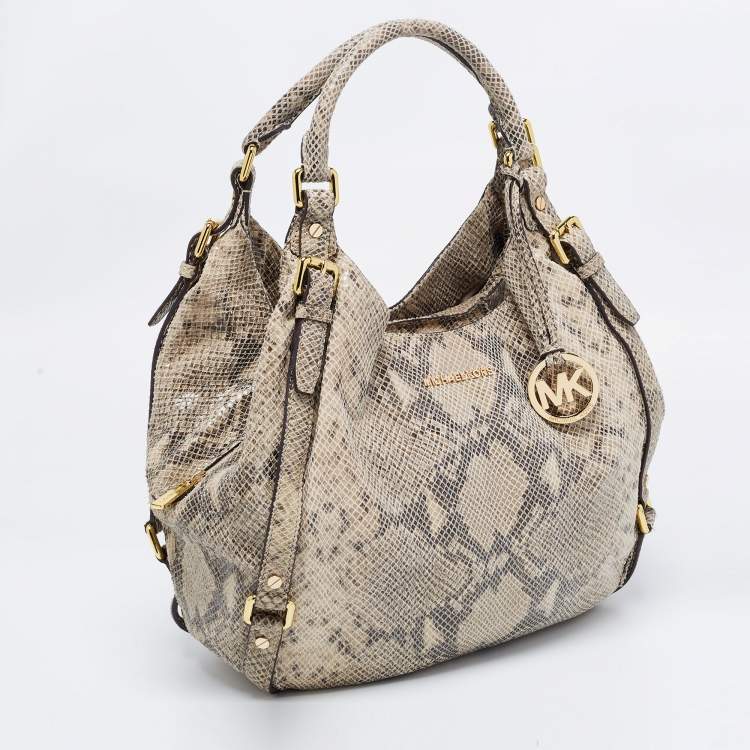 Pre Owned MICHAEL Michael Kors Beige Python Effect Leather and Suede Bedford Hobo