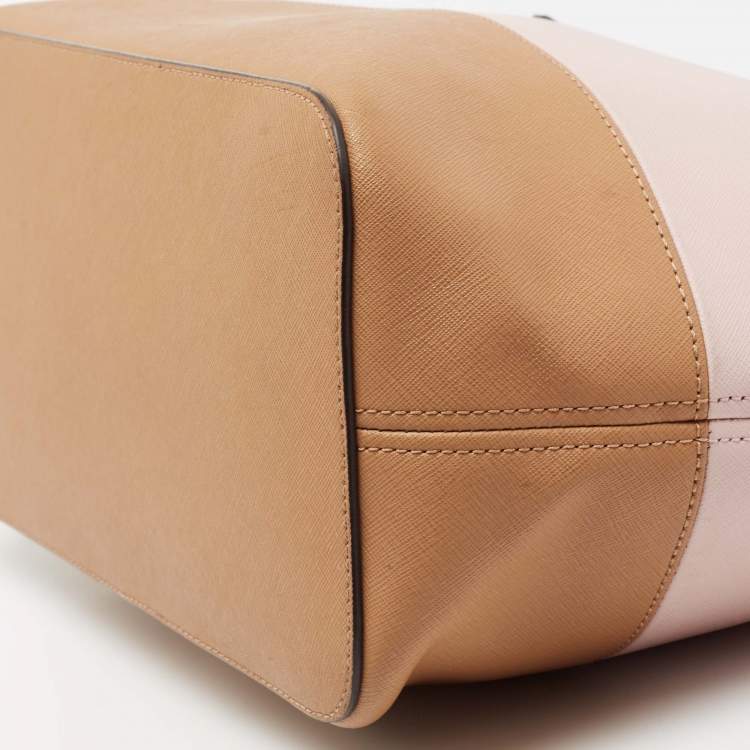 Pre Owned MICHAEL Michael Kors Pink/Brown Saffiano Leather Medium Jet Set Travel Tote
