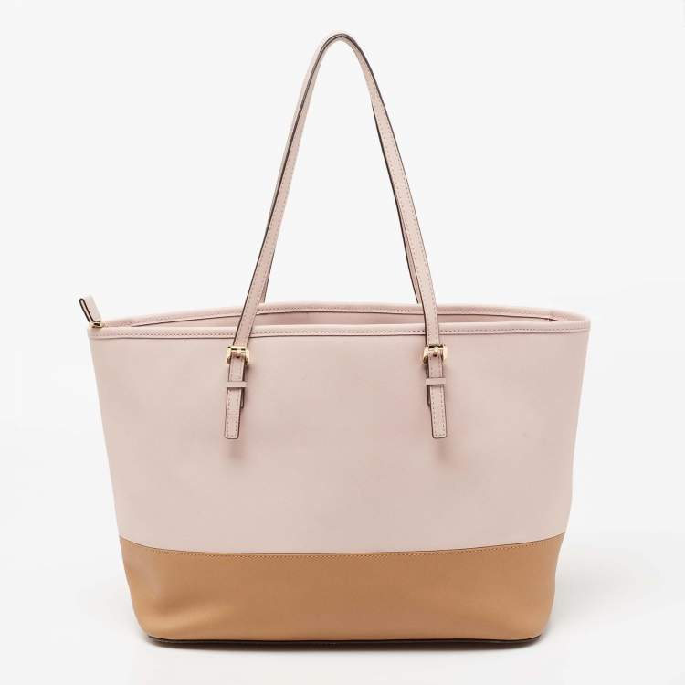 Pre Owned MICHAEL Michael Kors Pink/Brown Saffiano Leather Medium Jet Set Travel Tote