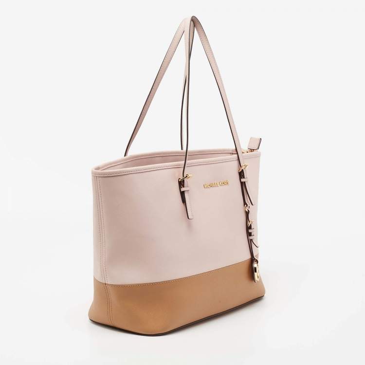 Pre Owned MICHAEL Michael Kors Pink/Brown Saffiano Leather Medium Jet Set Travel Tote