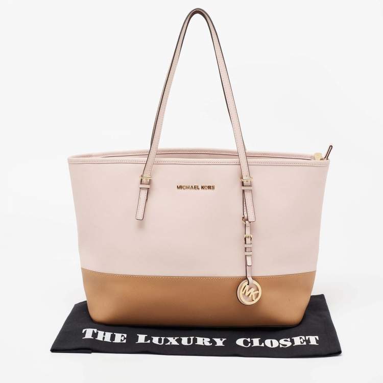 Pre Owned MICHAEL Michael Kors Pink/Brown Saffiano Leather Medium Jet Set Travel Tote