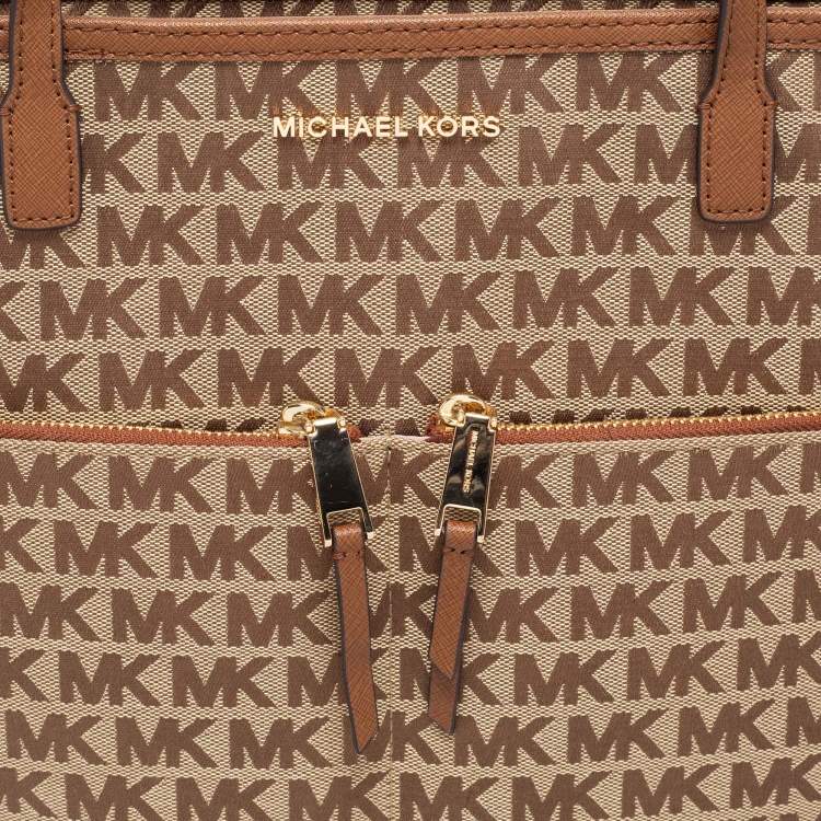 Pre Owned MICHAEL Michael Kors Beige/Brown Signature Canvas and Leather Kempton Tote 