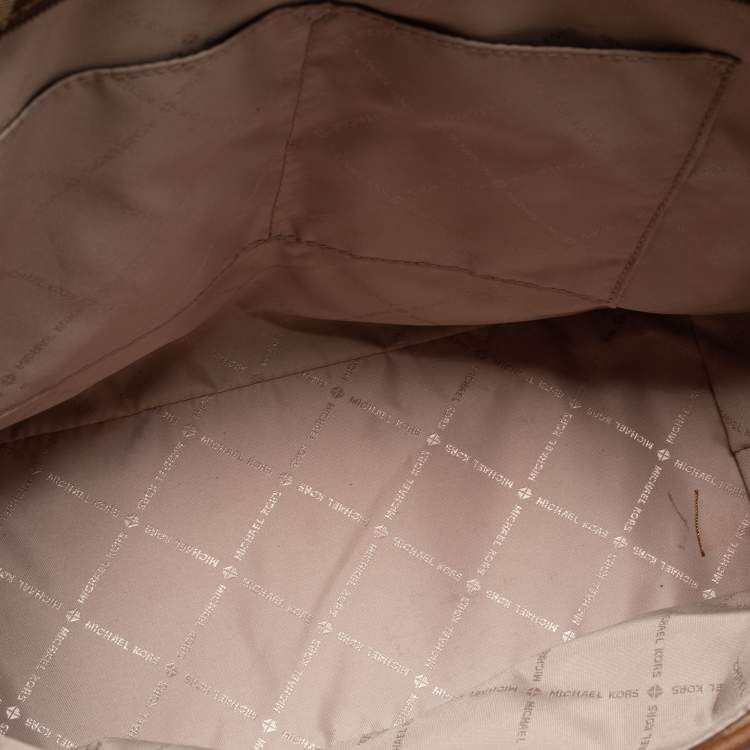 Pre Owned MICHAEL Michael Kors Beige/Brown Signature Canvas and Leather Kempton Tote 