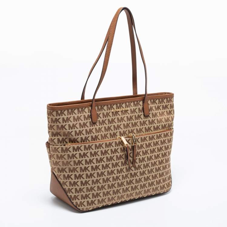 Pre Owned MICHAEL Michael Kors Beige/Brown Signature Canvas and Leather Kempton Tote 