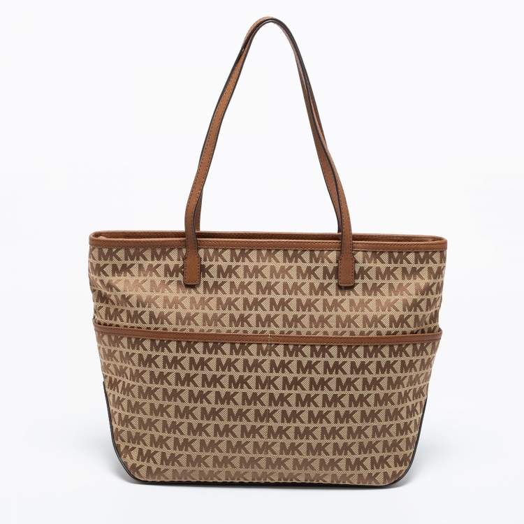 Pre Owned MICHAEL Michael Kors Beige/Brown Signature Canvas and Leather Kempton Tote 