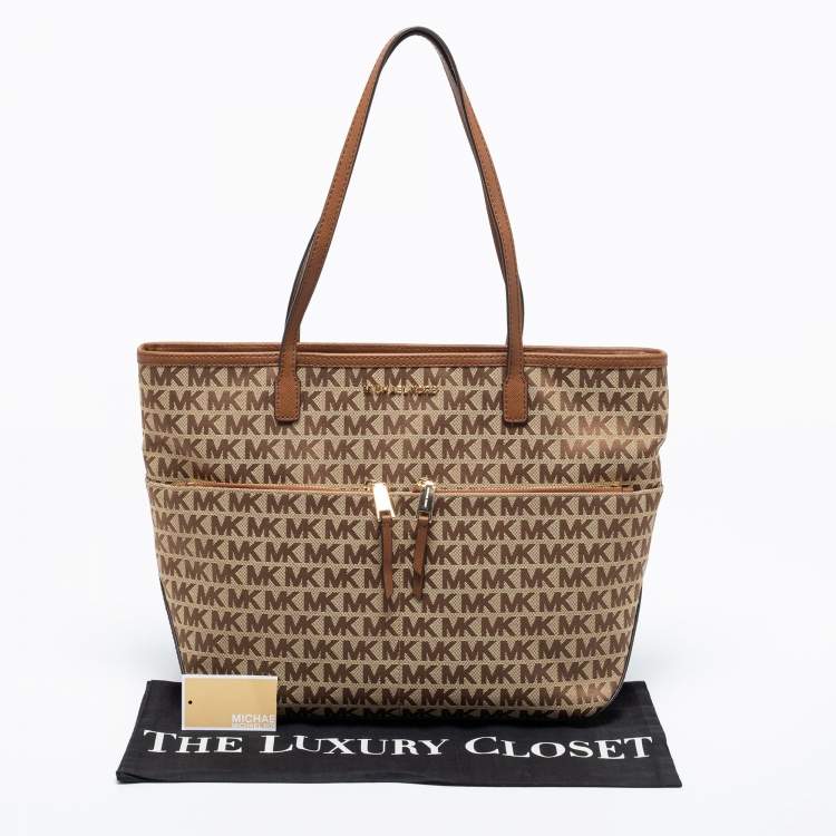 Pre Owned MICHAEL Michael Kors Beige/Brown Signature Canvas and Leather Kempton Tote 