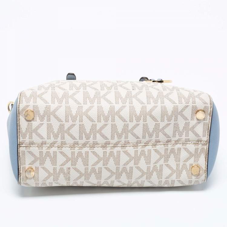 Pre Owned MICHAEL Michael Kors White/Blue Signature Canvas And Leather Ciara Satchel