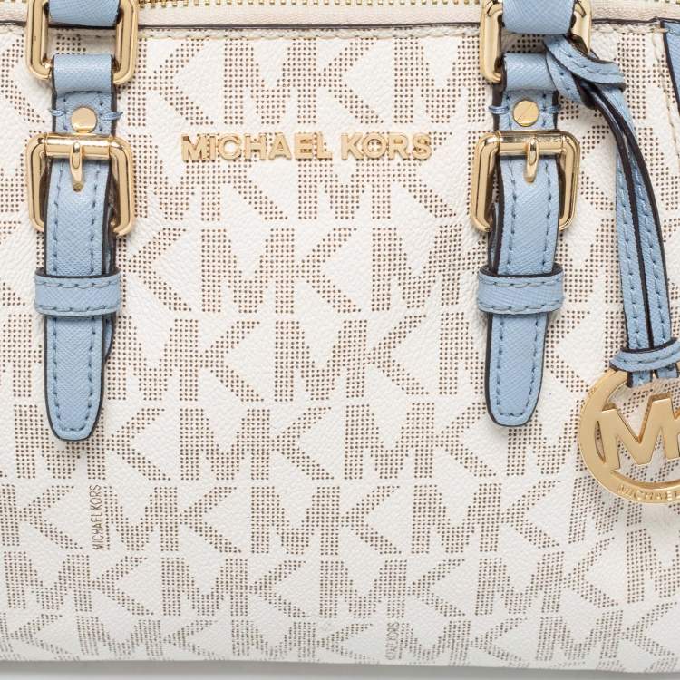 Pre Owned MICHAEL Michael Kors White/Blue Signature Canvas And Leather Ciara Satchel