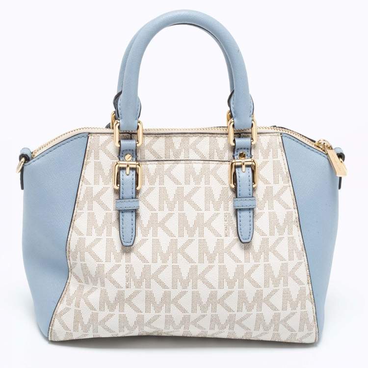 Pre Owned MICHAEL Michael Kors White/Blue Signature Canvas And Leather Ciara Satchel