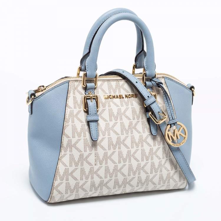 Pre Owned MICHAEL Michael Kors White/Blue Signature Canvas And Leather Ciara Satchel