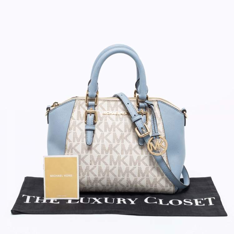 Pre Owned MICHAEL Michael Kors White/Blue Signature Canvas And Leather Ciara Satchel