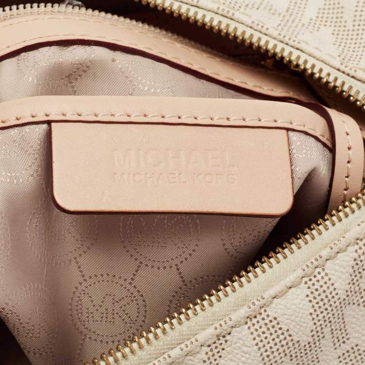 Pre Owned MICHAEL Michael Kors Beige/Ivory Signature Coated Canvas and Leather Grayson Boston Bag