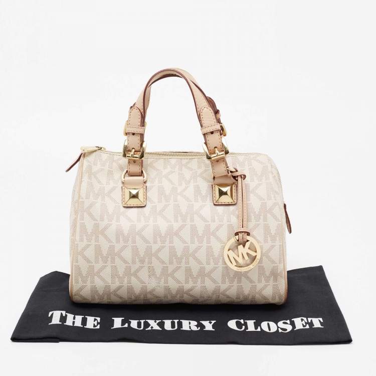 Pre Owned MICHAEL Michael Kors Beige/Ivory Signature Coated Canvas and Leather Grayson Boston Bag