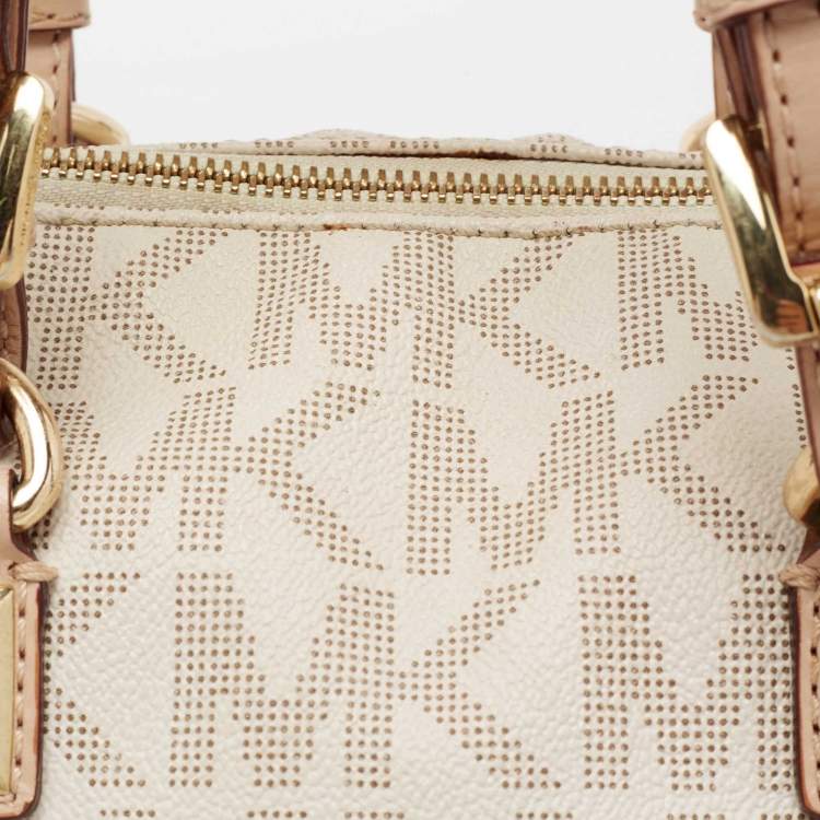 Pre Owned MICHAEL Michael Kors Beige/Ivory Signature Coated Canvas and Leather Grayson Boston Bag
