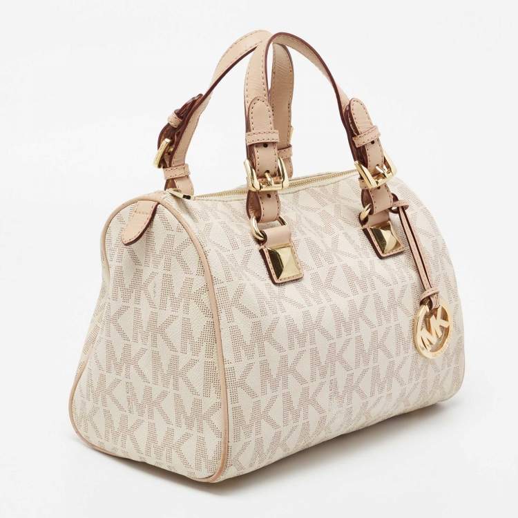 Pre Owned MICHAEL Michael Kors Beige/Ivory Signature Coated Canvas and Leather Grayson Boston Bag