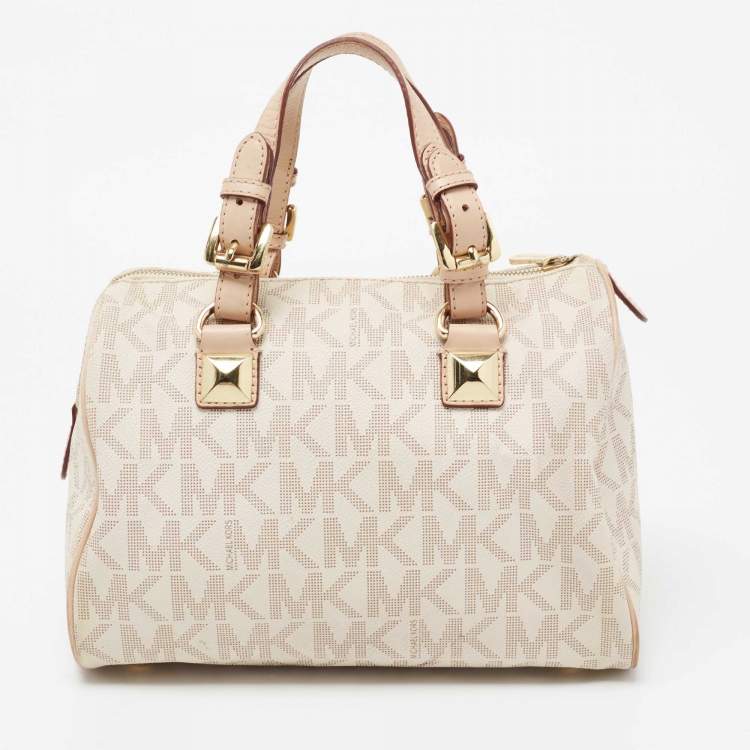 Pre Owned MICHAEL Michael Kors Beige/Ivory Signature Coated Canvas and Leather Grayson Boston Bag