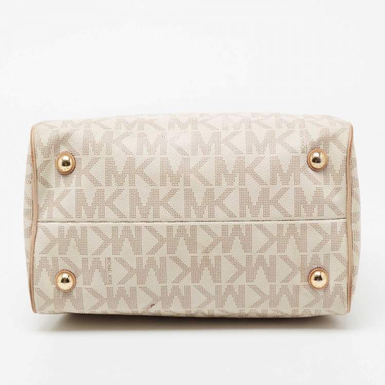 Pre Owned MICHAEL Michael Kors Beige/Ivory Signature Coated Canvas and Leather Grayson Boston Bag