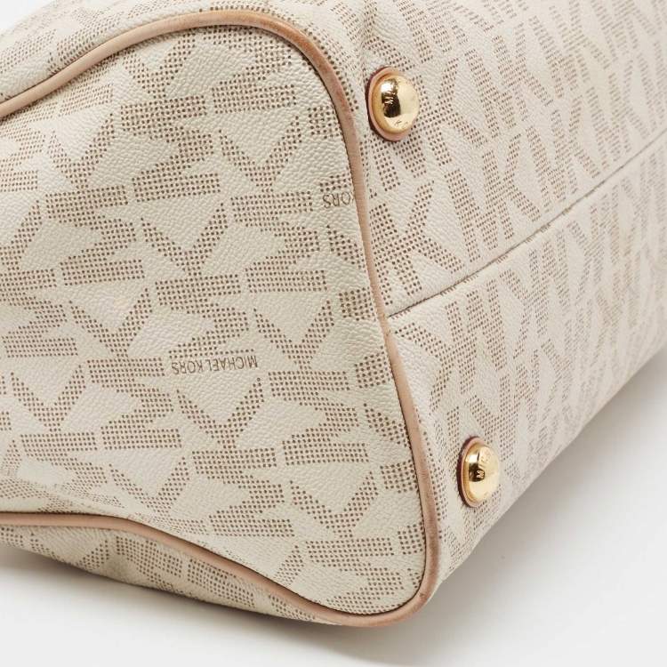Pre Owned MICHAEL Michael Kors Beige/Ivory Signature Coated Canvas and Leather Grayson Boston Bag