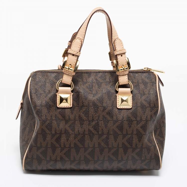 مملوكة مسبقًا MICHAEL Michael Kors Brown/Beige Signature Coated Canvas and Leather Grayson Boston Bag