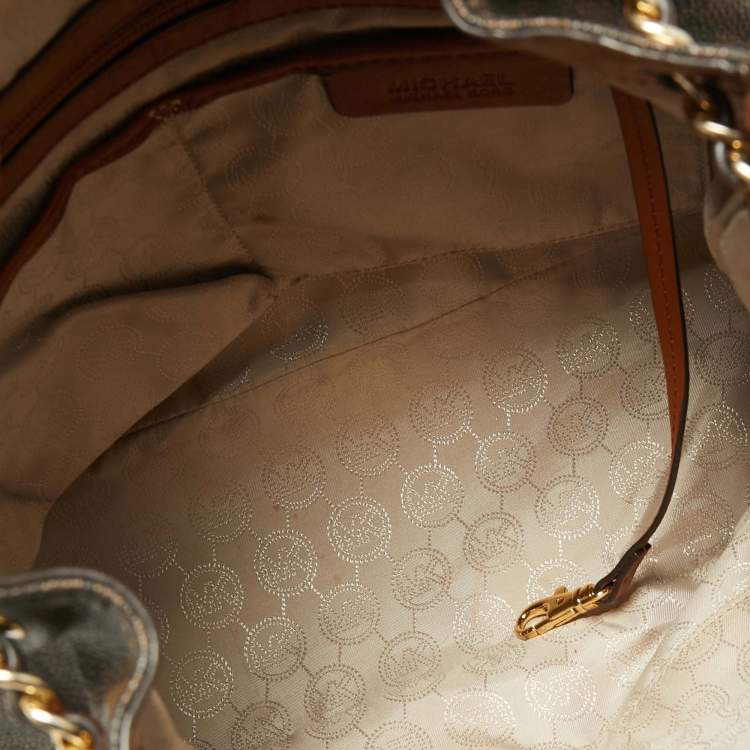 Pre Owned MICHAEL Michael Kors Dark Brown Signature Coated Canvas and Leather Frankie Drawstring Bucket Bag