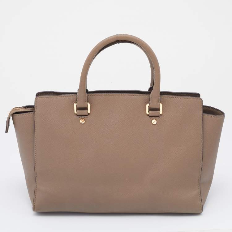 Pre Owned MICHAEL Michael Kors Tortilla Brown Saffiano Leather Large Selma Tote