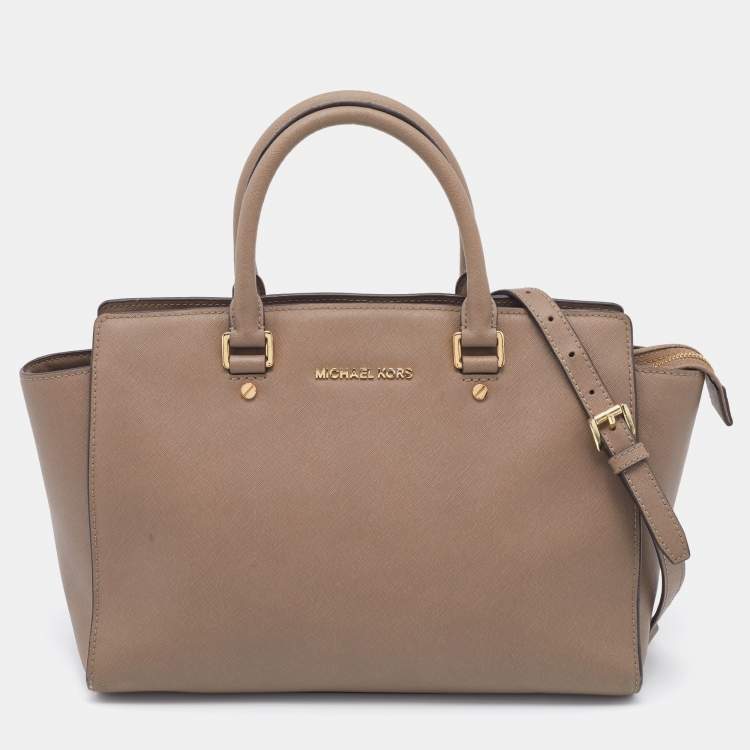 Pre Owned MICHAEL Michael Kors Tortilla Brown Saffiano Leather Large Selma Tote