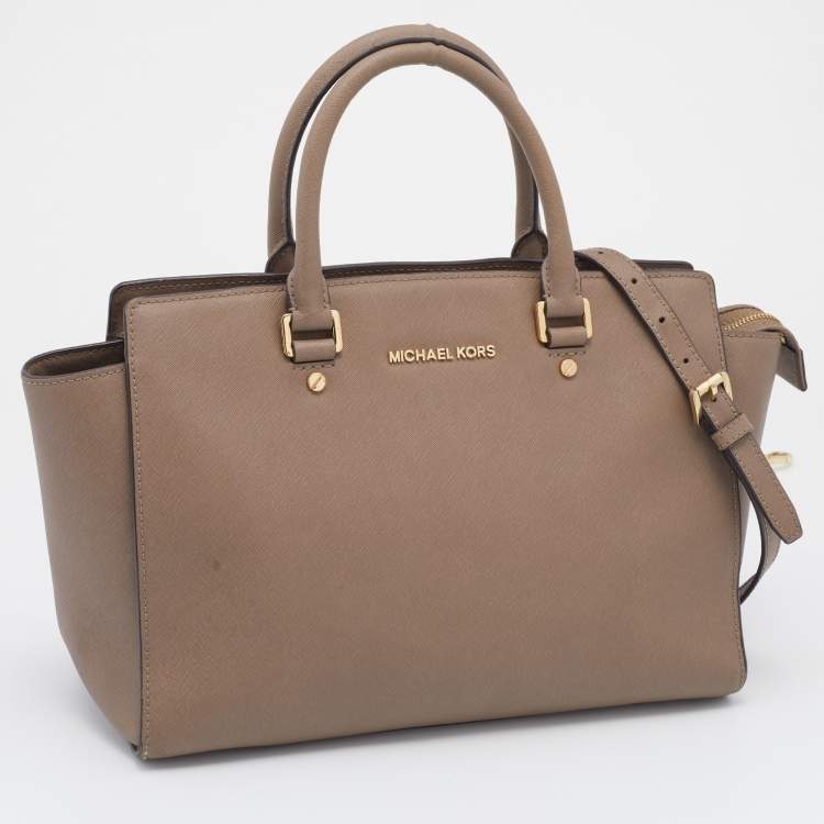 Pre Owned MICHAEL Michael Kors Tortilla Brown Saffiano Leather Large Selma Tote