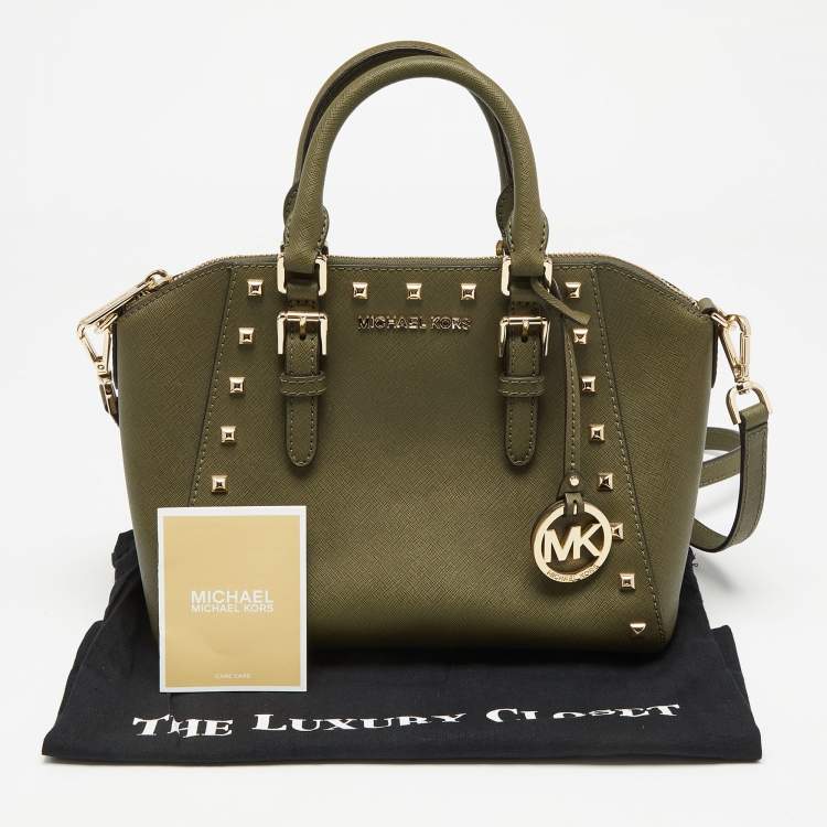 Pre Owned MICHAEL Michael Kors Olive Green Leather Studded Ciara Satchel