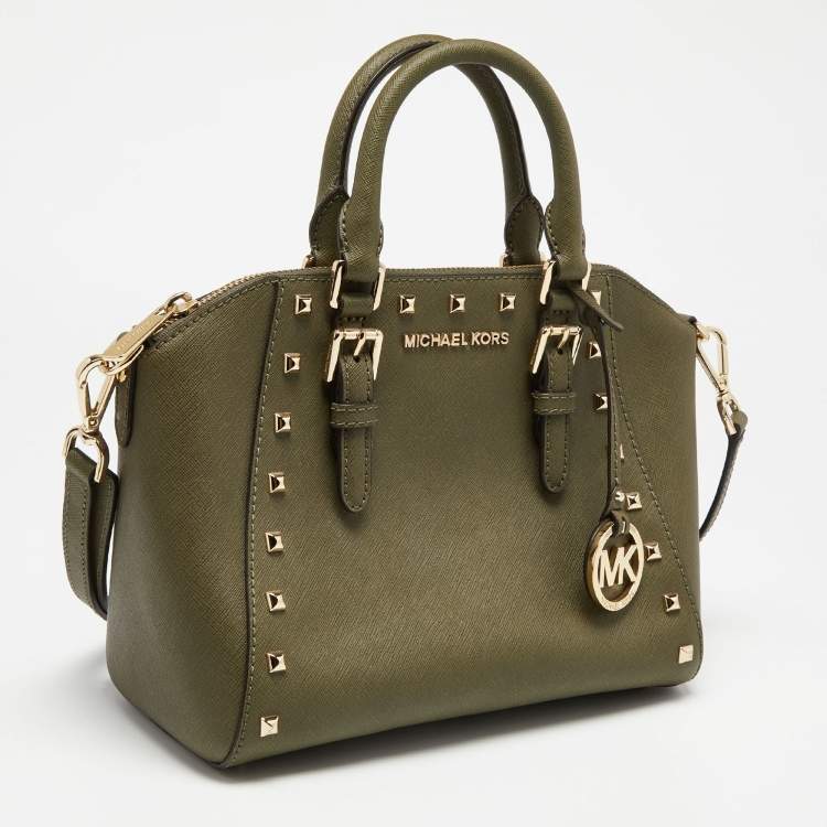 Pre Owned MICHAEL Michael Kors Olive Green Leather Studded Ciara Satchel
