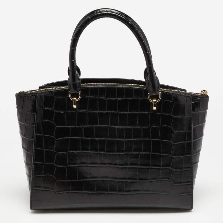 Pre Owned MICHAEL Michael Kors Black Croc Embossed Leather Ellis Satchel