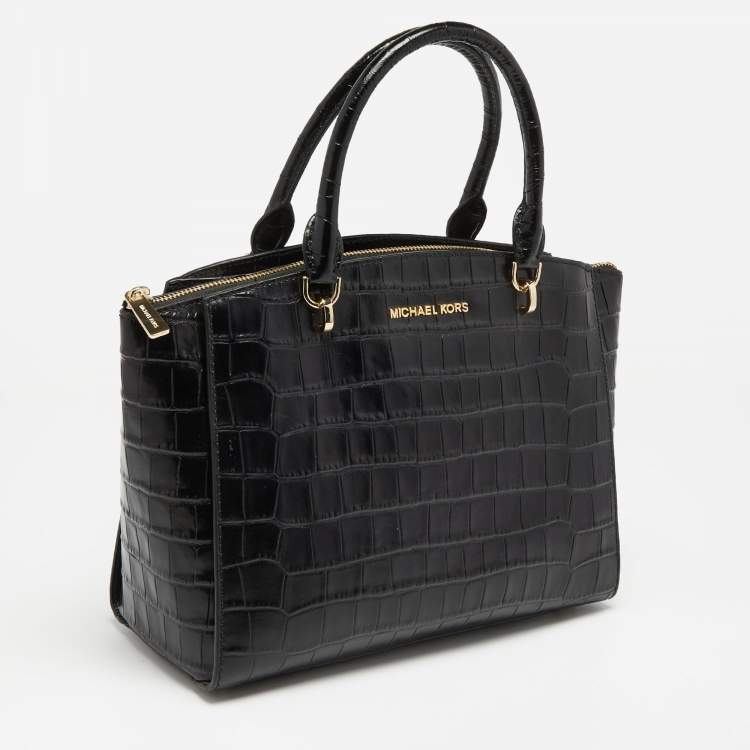 Pre Owned MICHAEL Michael Kors Black Croc Embossed Leather Ellis Satchel