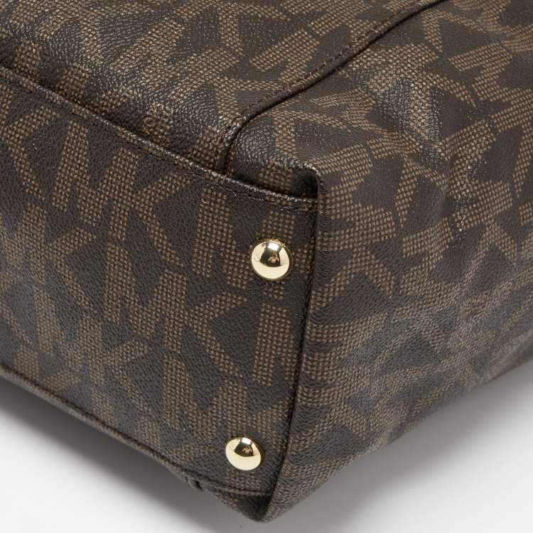 مملوكة مسبقًا MICHAEL Michael Kors Dark Brown/Beige Signature Coated Canvas and Leather Jet Set Top Zip Tote