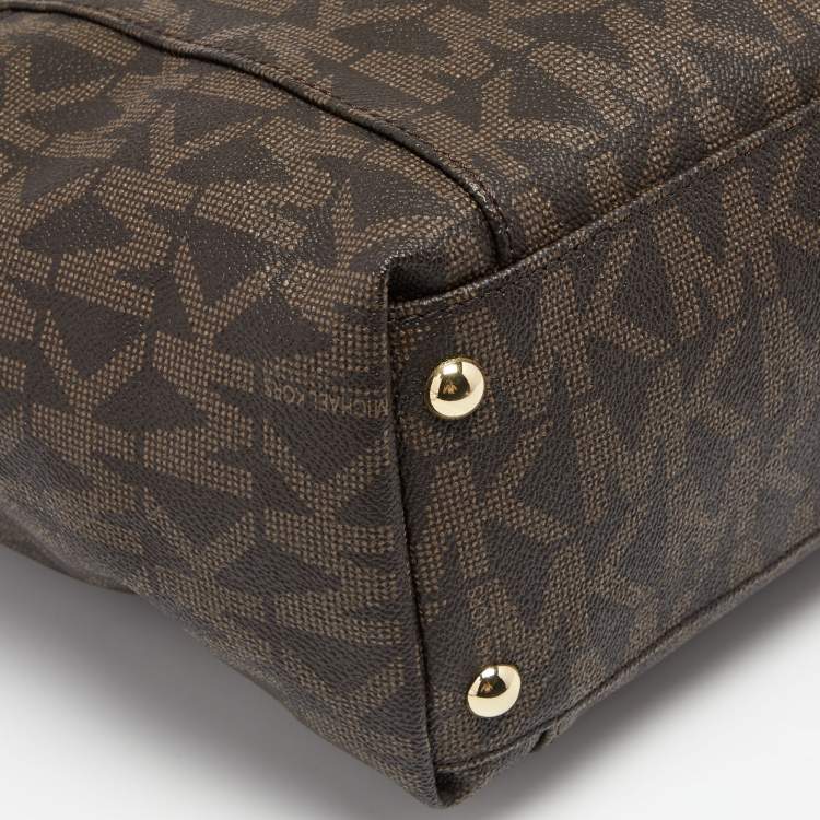 مملوكة مسبقًا MICHAEL Michael Kors Dark Brown/Beige Signature Coated Canvas and Leather Jet Set Top Zip Tote